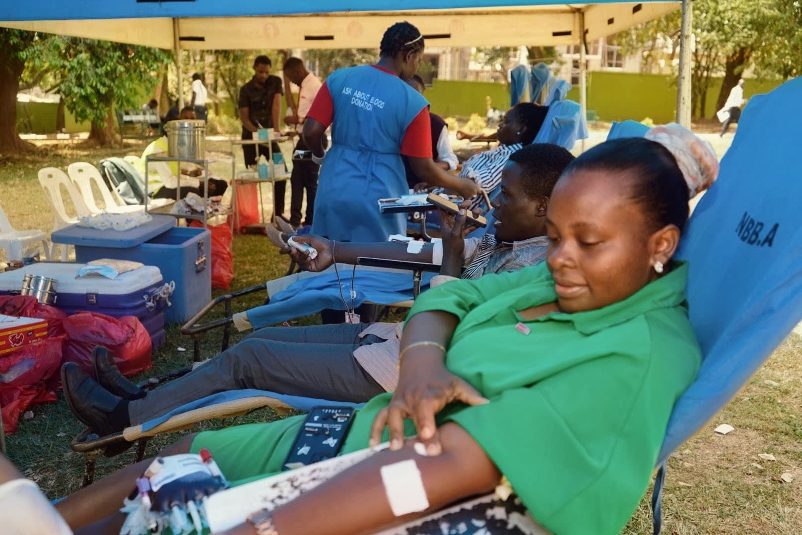 King Ceasor University community members participating in a blood donation drive with Uganda Blood Transfusion Services